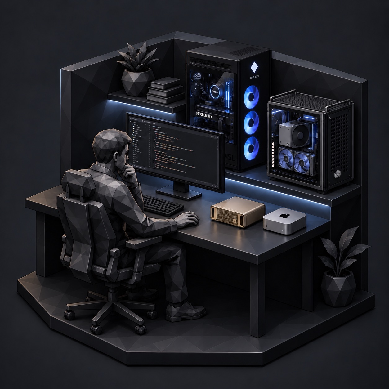 Momus Digital’s dark, geometric workstation artwork: an engineer at a desk surrounded by dedicated computers, with blue lighting and a gold compact system.